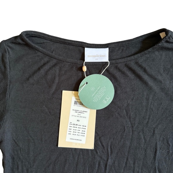 NWT MAMALICIOUS BLACK LONG SLEEVE FITTED CREWNECK RIBBED MATERNITY DRESS SIZE XS - Picture 3 of 8